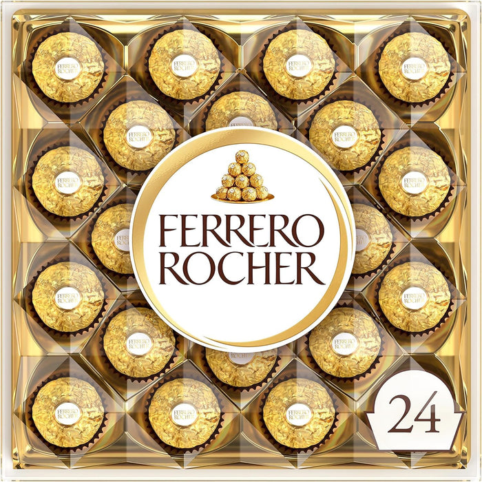 Ferrero Rocher Caja de 24 Bombones, 300g. El regalo icónico de praliné de chocolate y avellanas para celebrar cualquier ocasión especial con un sabor y elegancia inconfundibles. Ferrero Rocher - frontal