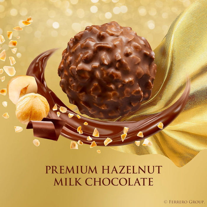 Ferrero Rocher Caja de 24 Bombones, 300g. El regalo icónico de praliné de chocolate y avellanas para celebrar cualquier ocasión especial con un sabor y elegancia inconfundibles. Ferrero Rocher - detalle