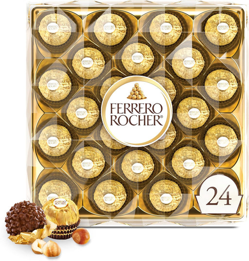 Ferrero Rocher Caja de 24 Bombones, 300g. El regalo icónico de praliné de chocolate y avellanas para celebrar cualquier ocasión especial con un sabor y elegancia inconfundibles. Ferrero Rocher - pack