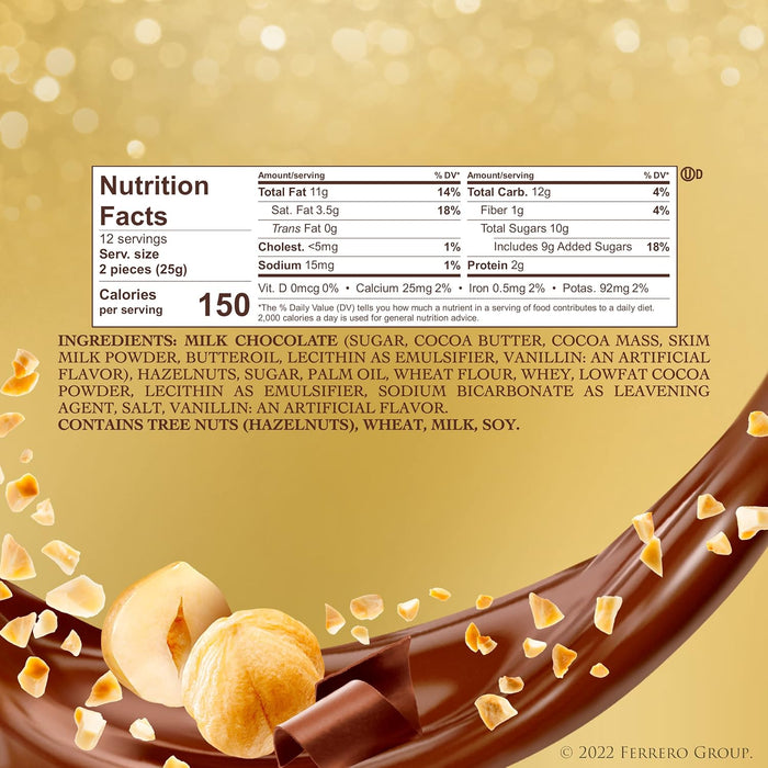 Ferrero Rocher Caja de 24 Bombones, 300g. El regalo icónico de praliné de chocolate y avellanas para celebrar cualquier ocasión especial con un sabor y elegancia inconfundibles. Ferrero Rocher - lateral