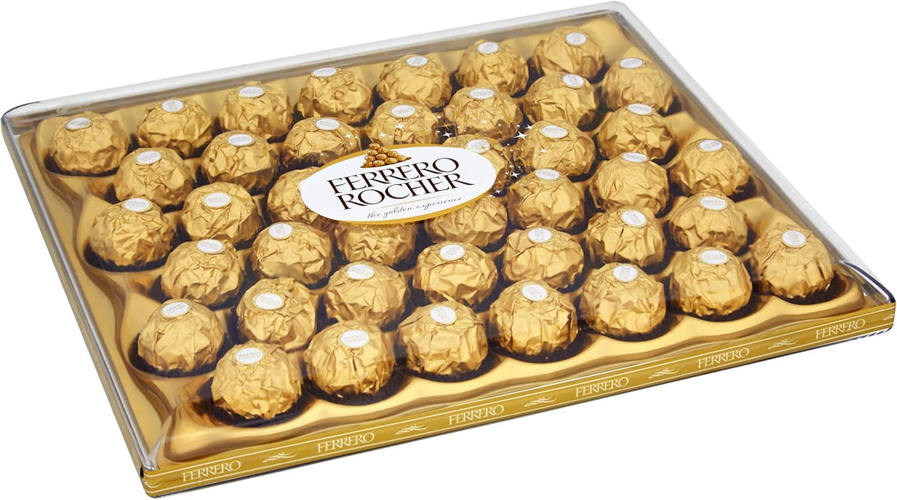 Ferrero Rocher, Caja de Regalo Grande con 42 Bombones de Chocolate y Avellanas (525g). El formato ideal para grandes celebraciones y los regalos más especiales y generosos. Ferrero Rocher - lateral