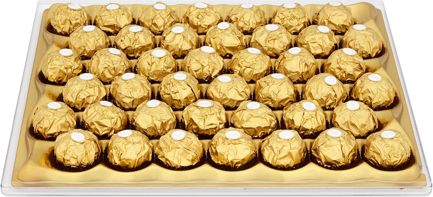 Ferrero Rocher, Caja de Regalo Grande con 42 Bombones de Chocolate y Avellanas (525g). El formato ideal para grandes celebraciones y los regalos más especiales y generosos. Ferrero Rocher - presentacion