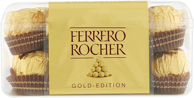 Ferrero Rocher Gold Edition, Caja de 16 Bombones de Chocolate con Leche y Avellanas (200g). Una presentación exclusiva para el regalo más especial, con el sabor clásico e inconfundible. Ferrero Rocher - presentacion