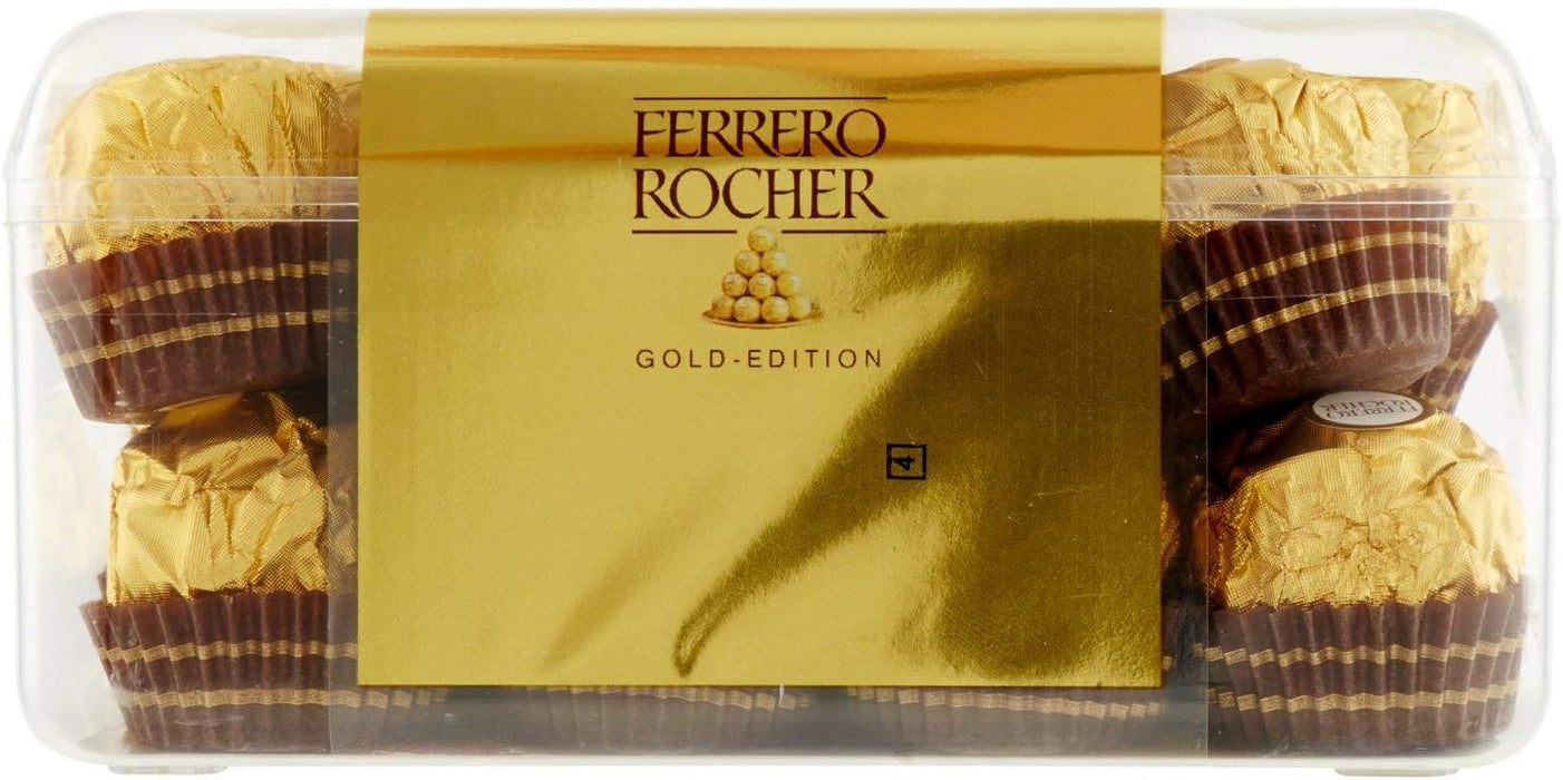 Ferrero Rocher Gold Edition, Caja de 16 Bombones de Chocolate con Leche y Avellanas (200g). Una presentación exclusiva para el regalo más especial, con el sabor clásico e inconfundible. Ferrero Rocher - detalle