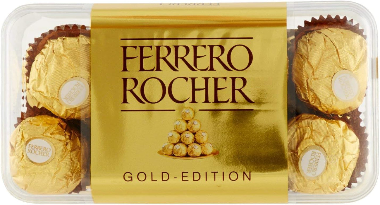 Ferrero Rocher Gold Edition, Caja de 16 Bombones de Chocolate con Leche y Avellanas (200g). Una presentación exclusiva para el regalo más especial, con el sabor clásico e inconfundible. Ferrero Rocher - uso