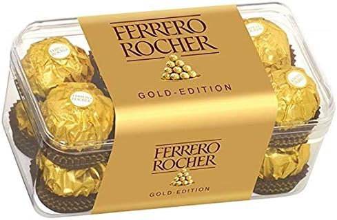 Ferrero Rocher Gold Edition, Caja de 16 Bombones de Chocolate con Leche y Avellanas (200g). Una presentación exclusiva para el regalo más especial, con el sabor clásico e inconfundible. Ferrero Rocher - frontal