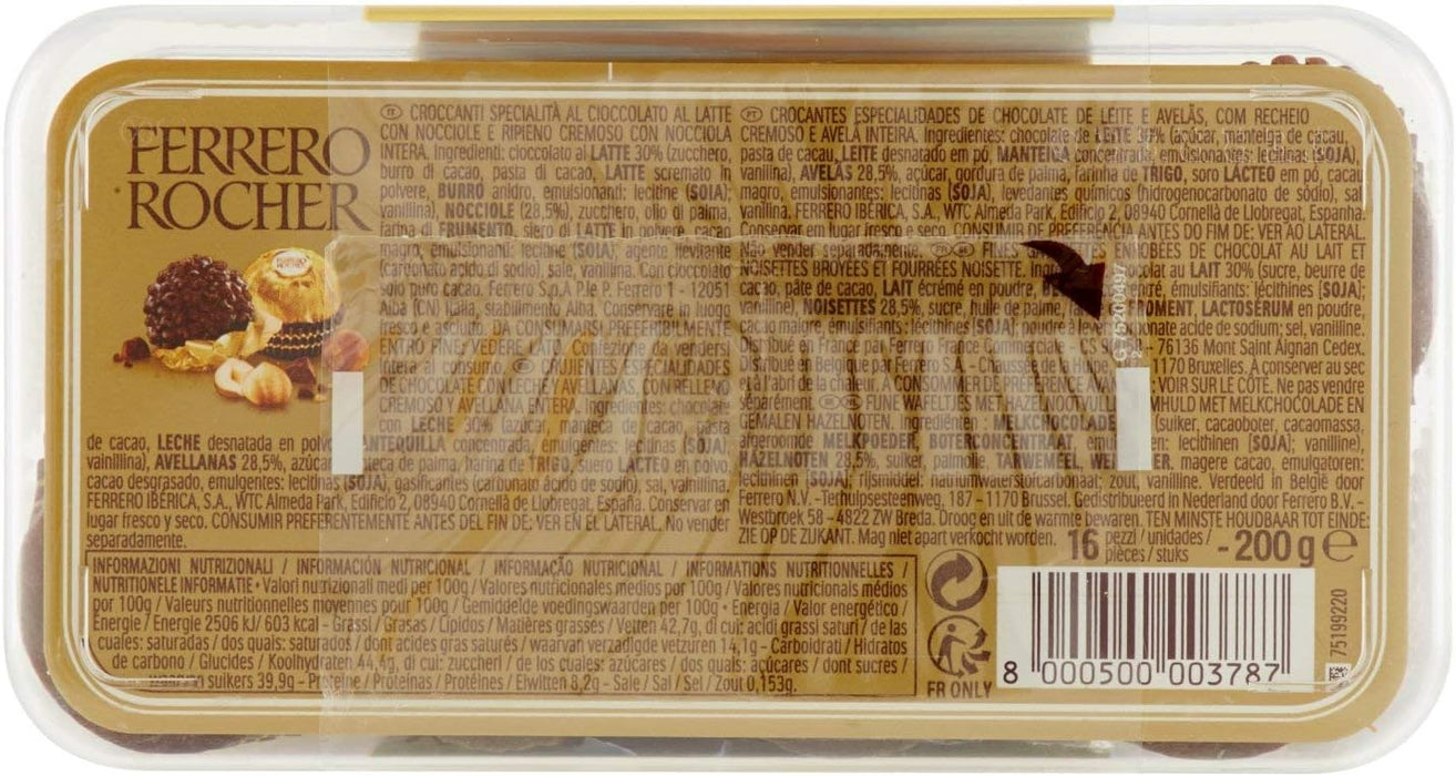 Ferrero Rocher Gold Edition, Caja de 16 Bombones de Chocolate con Leche y Avellanas (200g). Una presentación exclusiva para el regalo más especial, con el sabor clásico e inconfundible. Ferrero Rocher - lateral