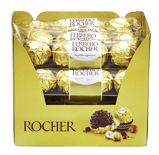 Ferrero Rocher, pack de 4 Bombones, 50g. El formato individual para disfrutar de un capricho dorado en cualquier momento y lugar, con su inconfundible sabor a chocolate y avellanas. Ferrero Rocher - frontal