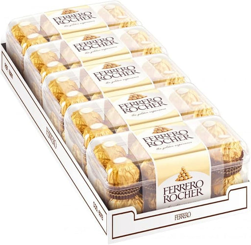 Ferrero Rocher Pack de 5 Cajas de 16 Bombones (80 Unidades, 1kg). El formato definitivo para grandes eventos, oficinas o para los auténticos devotos del bombón dorado. Ferrero Rocher - frontal