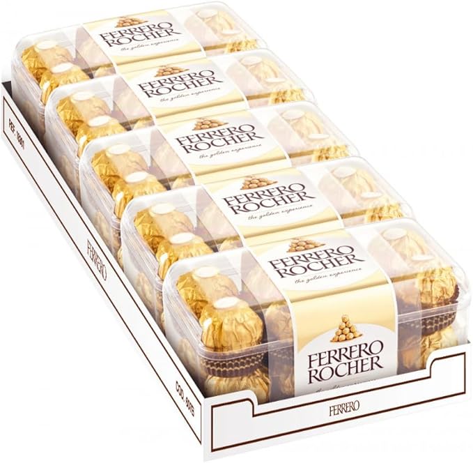Ferrero Rocher Pack de 5 Cajas de 16 Bombones (80 Unidades, 1kg). El formato definitivo para grandes eventos, oficinas o para los auténticos devotos del bombón dorado. Ferrero Rocher - frontal