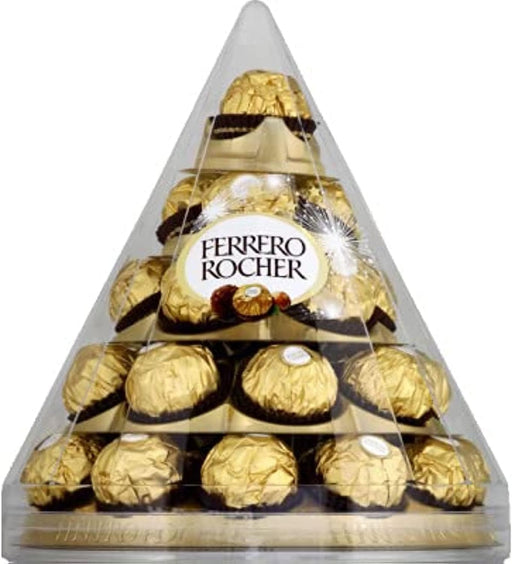 Ferrero Rocher Pirámide de Navidad, 28 Bombones (350g). Un centro de mesa espectacular con el icónico bombón de chocolate y avellanas, perfecto para decorar y compartir en tus fiestas. Ferrero Rocher - pack