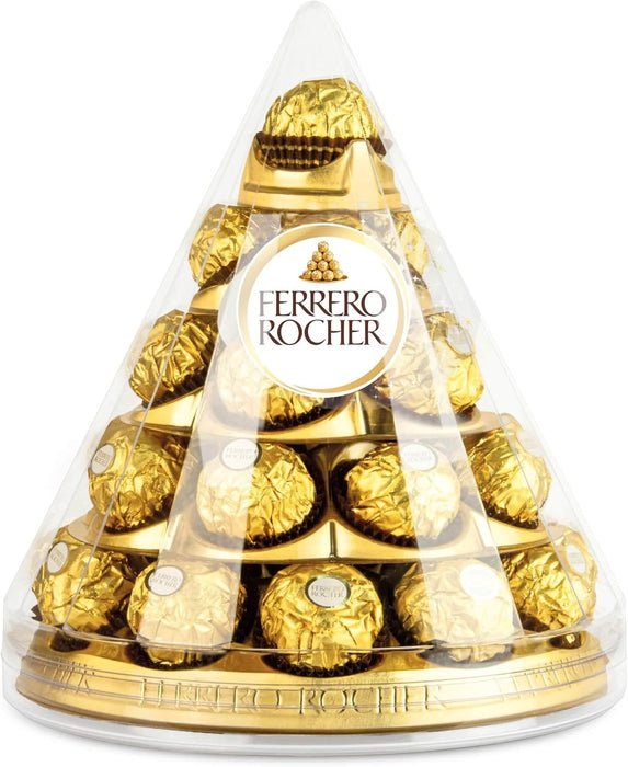 Ferrero Rocher Pirámide de Navidad, 28 Bombones (350g). Un centro de mesa espectacular con el icónico bombón de chocolate y avellanas, perfecto para decorar y compartir en tus fiestas. Ferrero Rocher - lateral