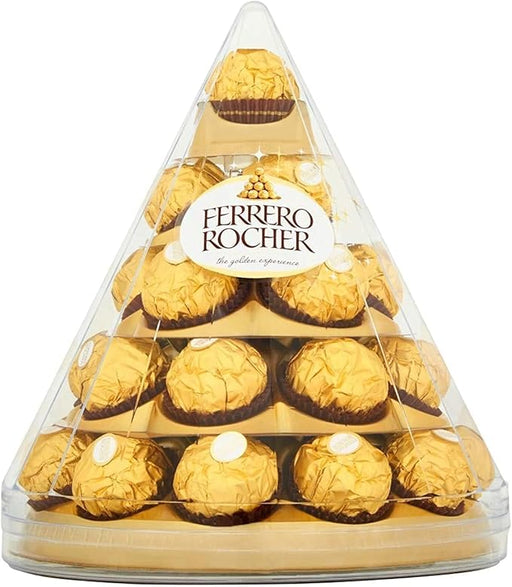 Ferrero Rocher Pirámide de Navidad, 28 Bombones (350g). Un centro de mesa espectacular con el icónico bombón de chocolate y avellanas, perfecto para decorar y compartir en tus fiestas. Ferrero Rocher - frontal