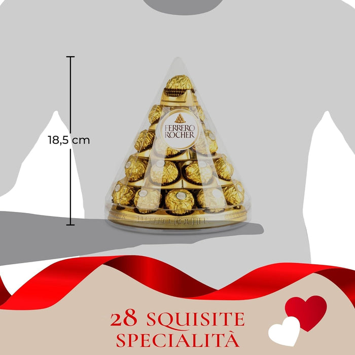 Ferrero Rocher Pirámide de Navidad, 28 Bombones (350g). Un centro de mesa espectacular con el icónico bombón de chocolate y avellanas, perfecto para decorar y compartir en tus fiestas. Ferrero Rocher - detalle