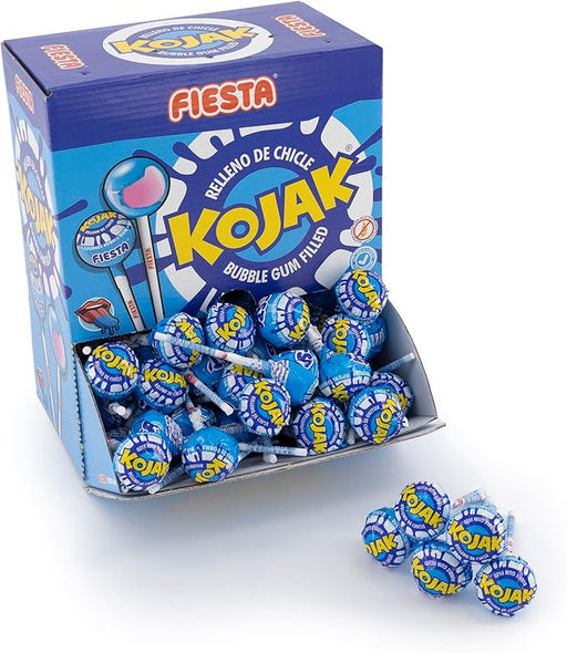 Caja de 100 Caramelos con Palo Kojak Pintalenguas sabor Mora de Fiesta. El caramelo más divertido, relleno de chicle, que pinta la lengua de azul. Ideal para fiestas. Fiesta - frontal