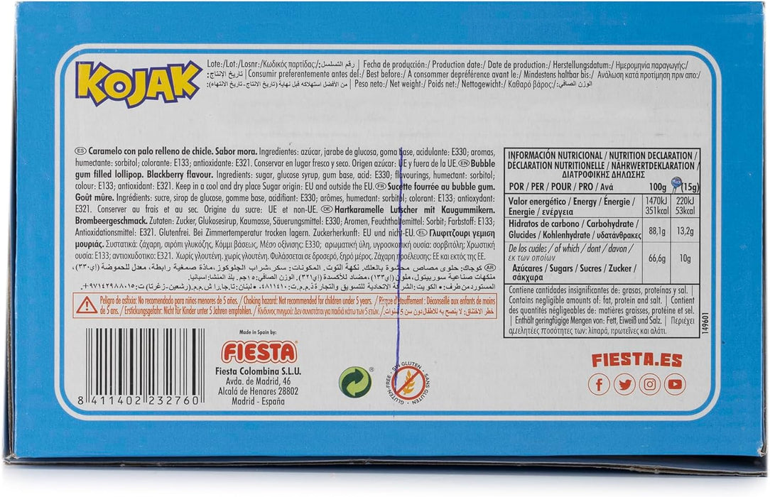 Caja de 100 Caramelos con Palo Kojak Pintalenguas sabor Mora de Fiesta. El caramelo más divertido, relleno de chicle, que pinta la lengua de azul. Ideal para fiestas. Fiesta - pack