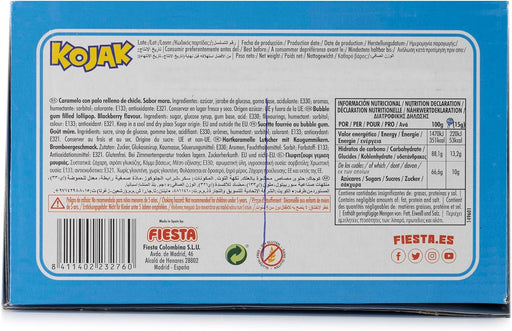 Caja de 100 Caramelos con Palo Kojak Pintalenguas sabor Mora de Fiesta. El caramelo más divertido, relleno de chicle, que pinta la lengua de azul. Ideal para fiestas. Fiesta - pack