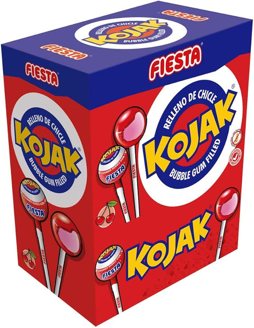 Caja de 100 Caramelos con Palo Kojak sabor Cereza de Fiesta. El clásico caramelo relleno de chicle que ha conquistado a generaciones, ideal para fiestas y eventos. Fiesta - frontal