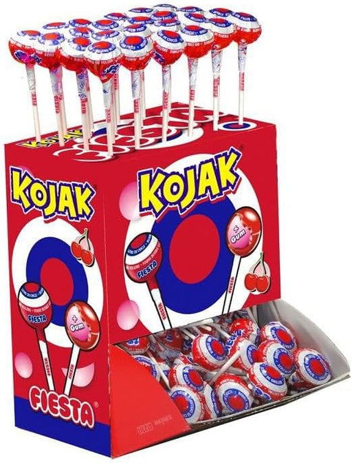 Caja de 100 Caramelos con Palo Kojak sabor Cereza de Fiesta. El clásico caramelo relleno de chicle que ha conquistado a generaciones, ideal para fiestas y eventos. Fiesta - pack