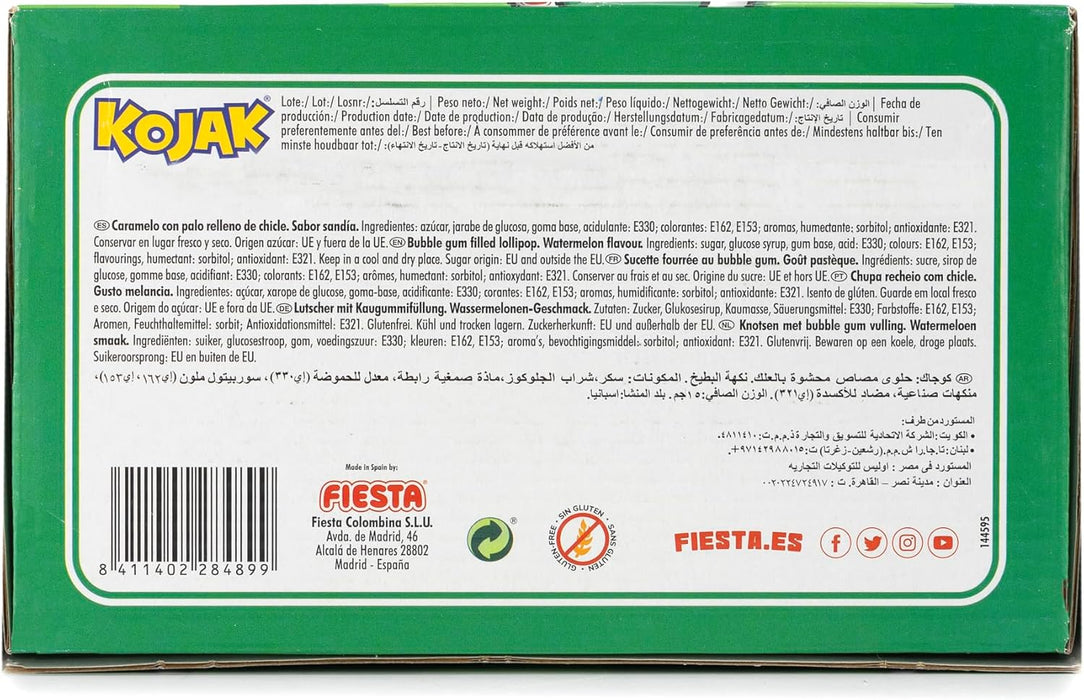 Caja de 100 Caramelos Kojak sabor Sandía de Fiesta. Un refrescante caramelo con palo, relleno de chicle y con divertidas pepitas de azúcar que imitan a una sandía. Fiesta - detalle