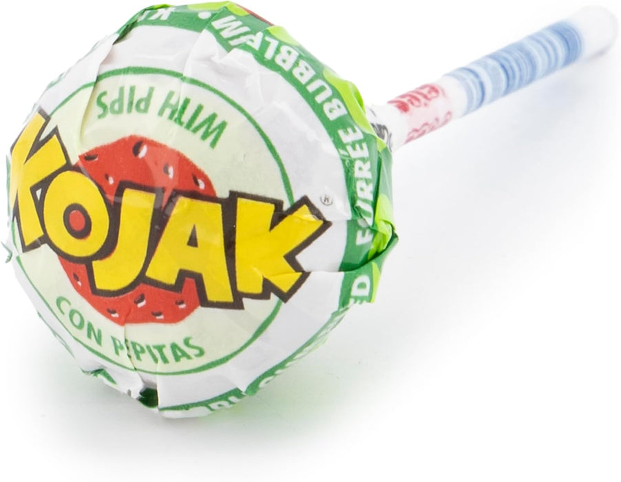 Caja de 100 Caramelos Kojak sabor Sandía de Fiesta. Un refrescante caramelo con palo, relleno de chicle y con divertidas pepitas de azúcar que imitan a una sandía. Fiesta - ingredientes