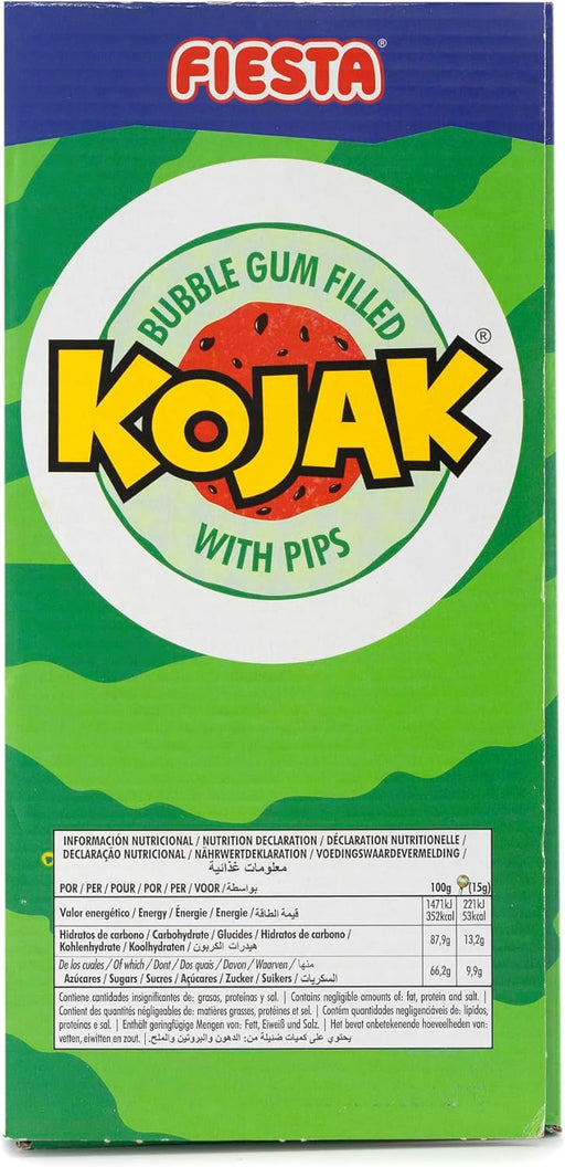 Caja de 100 Caramelos Kojak sabor Sandía de Fiesta. Un refrescante caramelo con palo, relleno de chicle y con divertidas pepitas de azúcar que imitan a una sandía. Fiesta - pack