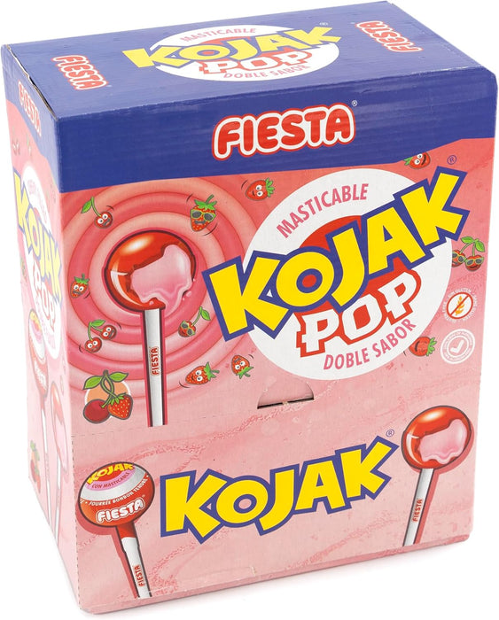 Caja de 100 Kojak Lolipop con Doble Sabor Frutal. Un caramelo con palo sabor cereza y un sorprendente corazón de caramelo masticable sabor fresa. ¡Sin chicle! Fiesta - detalle