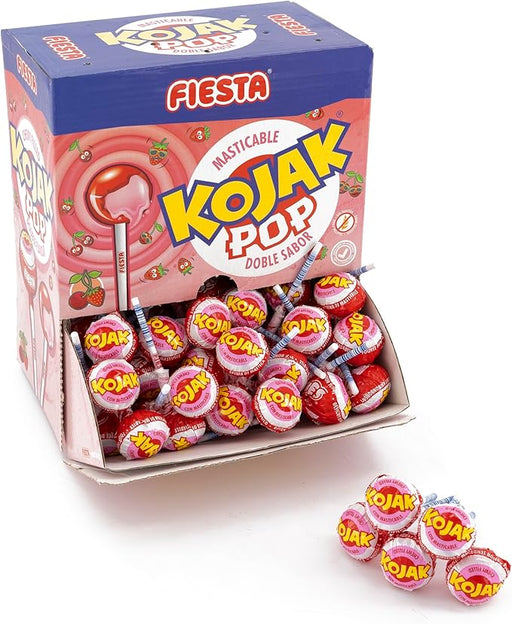 Caja de 100 Kojak Lolipop con Doble Sabor Frutal. Un caramelo con palo sabor cereza y un sorprendente corazón de caramelo masticable sabor fresa. ¡Sin chicle! Fiesta - frontal