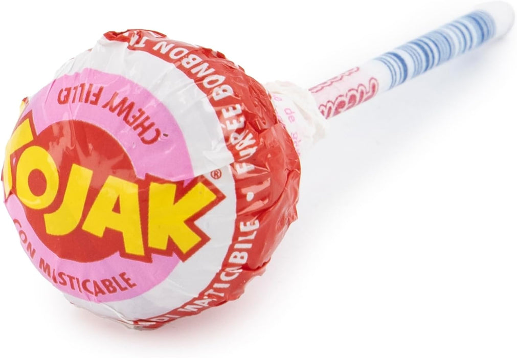 Caja de 100 Kojak Lolipop con Doble Sabor Frutal. Un caramelo con palo sabor cereza y un sorprendente corazón de caramelo masticable sabor fresa. ¡Sin chicle! Fiesta - ingredientes