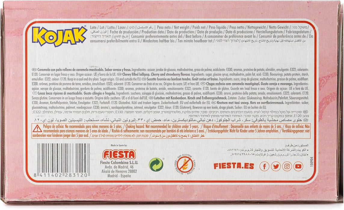 Caja de 100 Kojak Lolipop con Doble Sabor Frutal. Un caramelo con palo sabor cereza y un sorprendente corazón de caramelo masticable sabor fresa. ¡Sin chicle! Fiesta - pack