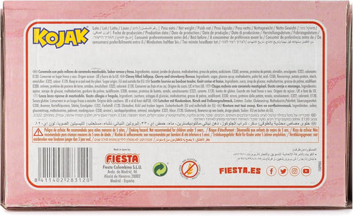 Caja de 100 Kojak Lolipop con Doble Sabor Frutal. Un caramelo con palo sabor cereza y un sorprendente corazón de caramelo masticable sabor fresa. ¡Sin chicle! Fiesta - pack