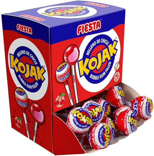 Caja de 20 Caramelos Kojak de Cereza con Relleno de Chicle. El formato ideal para compartir en familia o para darte un capricho con el sabor auténtico de Fiesta. Fiesta - frontal
