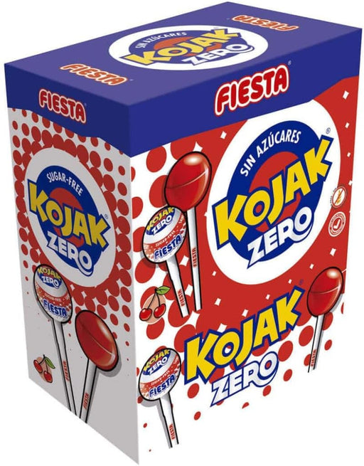 Caja de 70 Caramelos Kojak Zero Sin Azúcar sabor Cereza de Fiesta. Disfruta del sabor clásico del Kojak, pero ahora sin azúcar. El capricho ideal para cuidarte. Fiesta - frontal