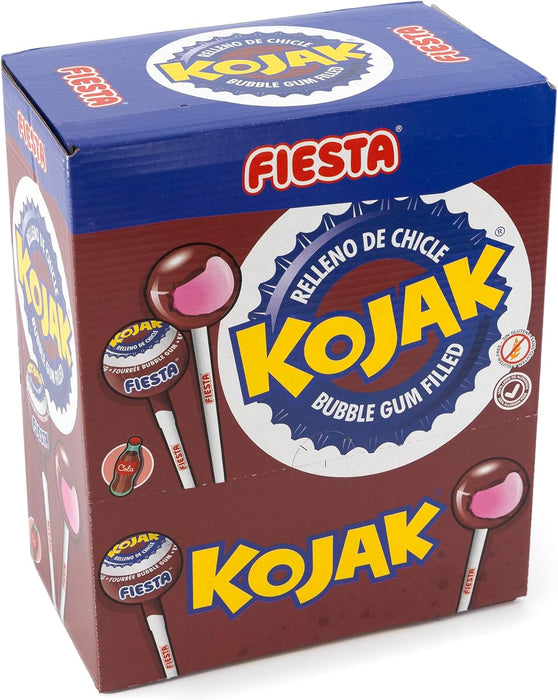 Caja Expositora de 100 Caramelos Kojak sabor Cola de Fiesta. El clásico caramelo con palo relleno de chicle, ahora con el refrescante y delicioso sabor a refresco de cola. Fiesta - detalle