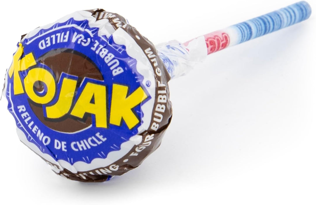 Caja Expositora de 100 Caramelos Kojak sabor Cola de Fiesta. El clásico caramelo con palo relleno de chicle, ahora con el refrescante y delicioso sabor a refresco de cola. Fiesta - ingredientes