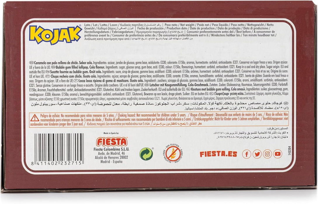Caja Expositora de 100 Caramelos Kojak sabor Cola de Fiesta. El clásico caramelo con palo relleno de chicle, ahora con el refrescante y delicioso sabor a refresco de cola. Fiesta - pack