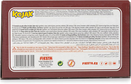 Caja Expositora de 100 Caramelos Kojak sabor Cola de Fiesta. El clásico caramelo con palo relleno de chicle, ahora con el refrescante y delicioso sabor a refresco de cola. Fiesta - pack