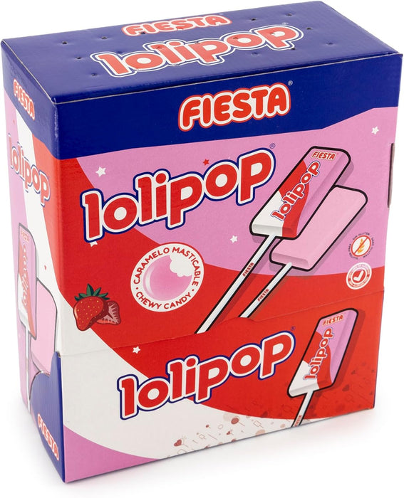 Fiesta Lolipop Caramelo Masticable con Palo Sabor Fresa, Caja Expositora de 100 Unidades. El caramelo extrablando de toda la vida, perfecto para fiestas, piñatas y para los más golosos. Fiesta - ingredientes