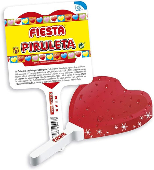 FIESTA Piruleta Helada, Caja de 30 Polos para Congelar Sabor Cereza. Disfruta del mítico sabor de la piruleta del corazón en su versión más refrescante. Sin gluten y apto para veganos. Fiesta - frontal
