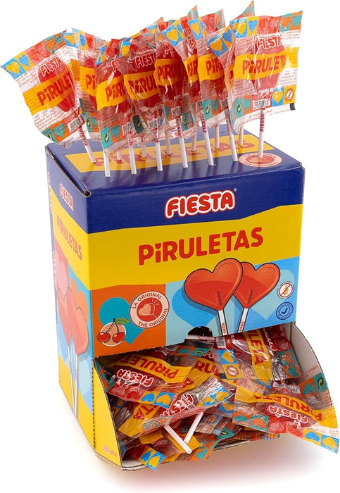 Fiesta Piruletas Corazón Cereza (Caja 80 Unidades): El formato ahorro del caramelo más icónico, sin gluten y con palito biodegradable para tus grandes eventos. Fiesta - frontal