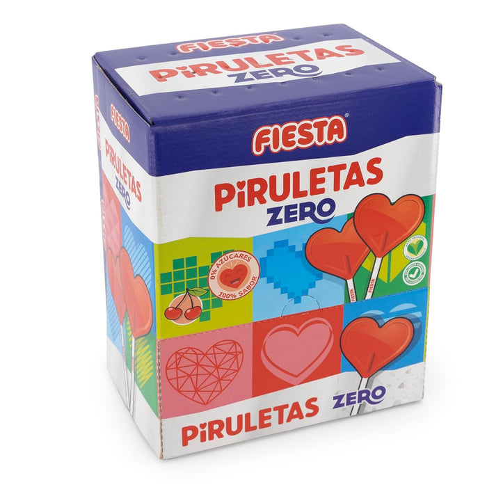 Fiesta Piruletas Zero Sin Azúcar (Caja 70 Unidades): Disfruta del clásico sabor a cereza y la forma de corazón en un caramelo con edulcorantes, sin culpas. Fiesta - detalle