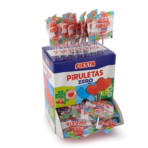 Fiesta Piruletas Zero Sin Azúcar (Caja 70 Unidades): Disfruta del clásico sabor a cereza y la forma de corazón en un caramelo con edulcorantes, sin culpas. Fiesta - frontal