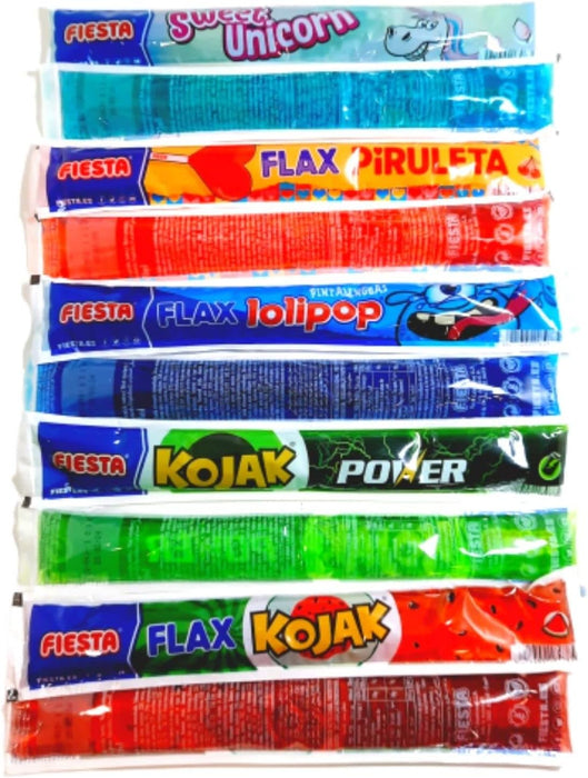 Flax Fiesta Surtido, Bolsa de 100 Polos para Congelar de 70ml. Golosina líquida sin gluten y vegana con 5 sabores míticos: Piruleta, Kojak Fresa, Sandía, Energético y Lolipop. Fiesta - detalle