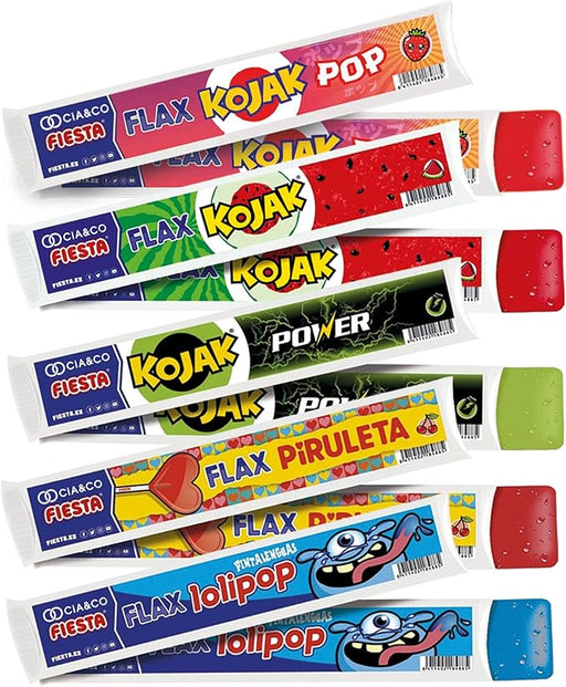 Flax Fiesta Surtido, Bolsa de 100 Polos para Congelar de 70ml. Golosina líquida sin gluten y vegana con 5 sabores míticos: Piruleta, Kojak Fresa, Sandía, Energético y Lolipop. Fiesta - frontal