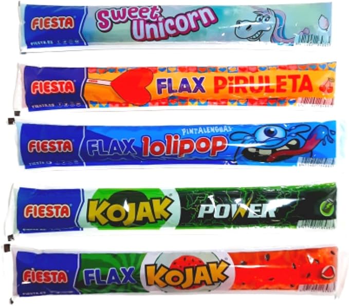 Flax Fiesta Surtido, Bolsa de 100 Polos para Congelar de 70ml. Golosina líquida sin gluten y vegana con 5 sabores míticos: Piruleta, Kojak Fresa, Sandía, Energético y Lolipop. Fiesta - uso