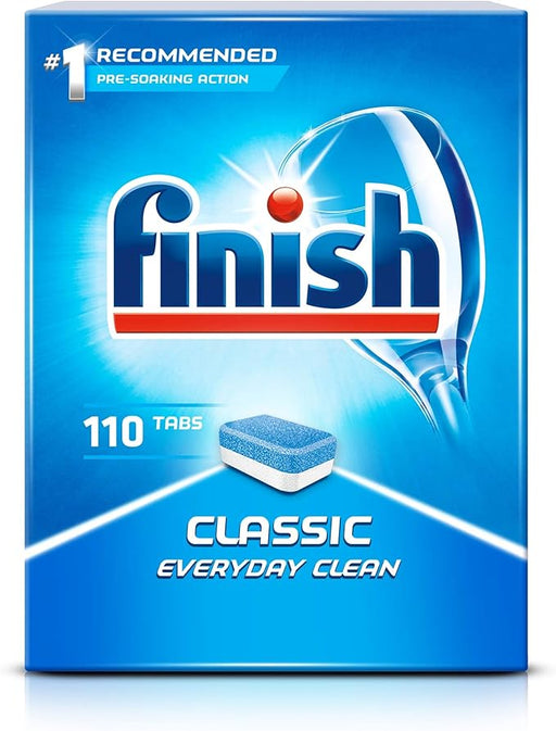 Finish Classic Pastillas para Lavavajillas, Megapack de 110 pastillas. Detergente para una limpieza potente diaria, con acción desengrasante y remojo previo gracias a su Powerball. Finish - frontal