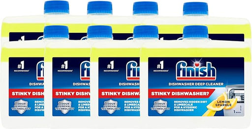 Finish Limpiamáquinas con Aroma a Limón, Mega Pack de 8 x 250ml. La solución definitiva para un mantenimiento de 2 años, eliminando grasa y cal y dejando un frescor duradero. Finish - frontal