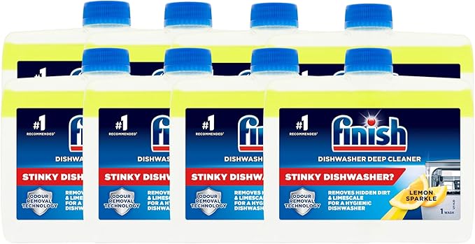 Finish Limpiamáquinas con Aroma a Limón, Mega Pack de 8 x 250ml. La solución definitiva para un mantenimiento de 2 años, eliminando grasa y cal y dejando un frescor duradero. Finish - frontal