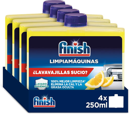 Finish Limpiamáquinas con Aroma a Limón, Pack de 4 x 250ml. Limpieza higiénica para tu lavavajillas que elimina la cal y la grasa oculta, dejando un refrescante perfume cítrico. Finish - frontal