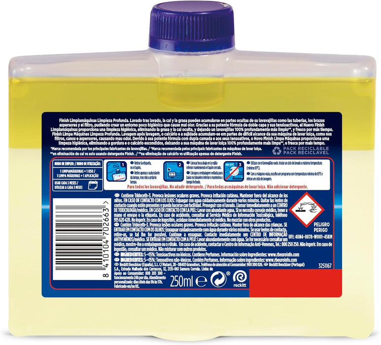 Finish Limpiamáquinas con Aroma a Limón, Pack de 4 x 250ml. Limpieza higiénica para tu lavavajillas que elimina la cal y la grasa oculta, dejando un refrescante perfume cítrico. Finish - lateral